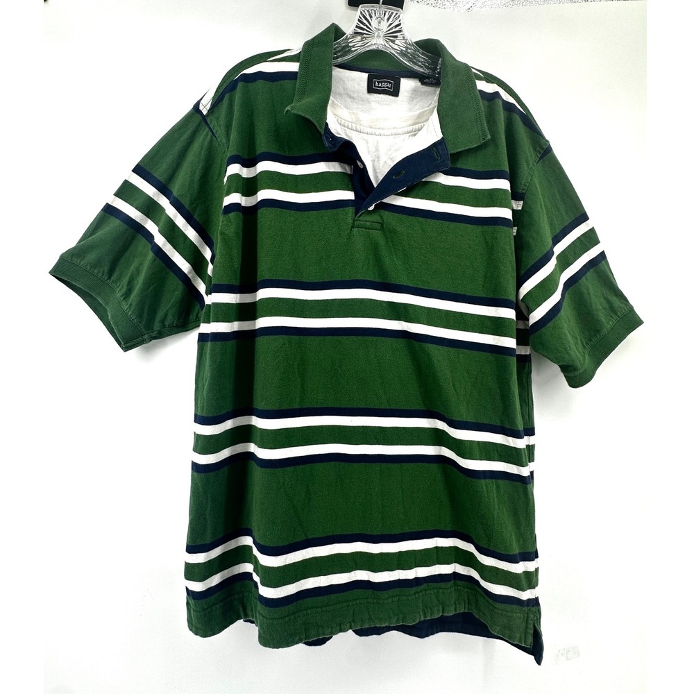 Haggar Mens XL Colorblock Green Blue Striped Short Sleeve Cotton Polo Shirt Y2K